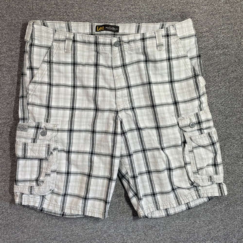 Lee Mens Plaid Cargo Shorts Grey White Black 100% Cotton Size 40 112346348
